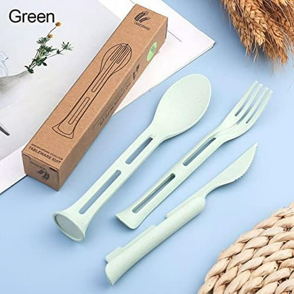 3PCS Wheat Straw Cutlery, Reusable Utensils Set Portable Travel 3 in 1 Spoon Fork Knife Tableware, Eco-Friendly, BPA Free, Flatware, Clearance, for Kids Adults, Travel Picnic Camping (Green)