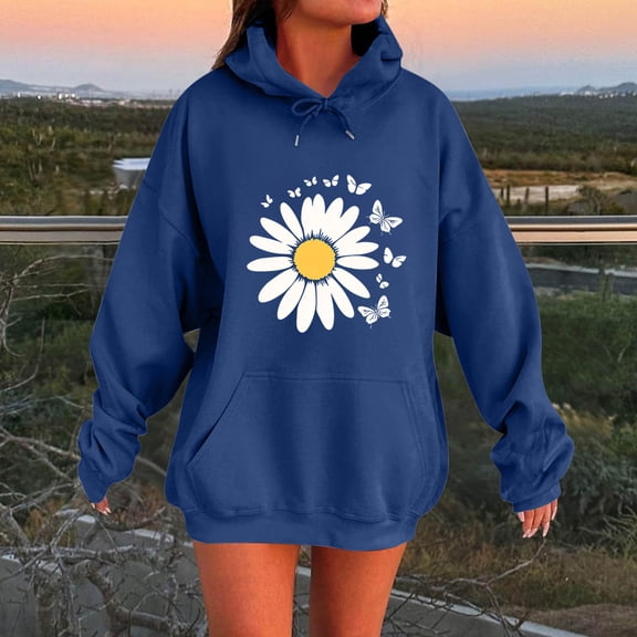 EchfiProm Womens Oversized Sweatshirt with Pockets Blue Hoodies Floral Pullover Hooded Long Sleeve Tunic Tops for Ladies