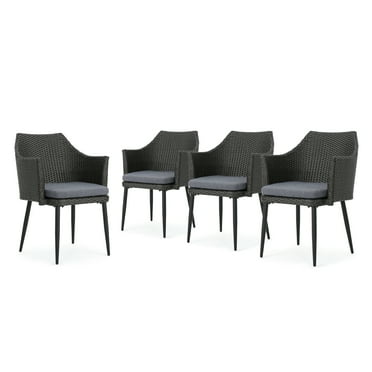 Cyrus Outdoor Wicker Dining Chairs with Cushions, Set of 4, Grey, Mixed Black