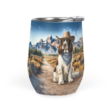 Welcome Fall Western Cowboy English Springer Spaniel Enjoys Majestic Autumn 12oz Stainless Steel Wine Tumbler Insulated Cup with Lid Springers Dog Lover Gifts - 01007