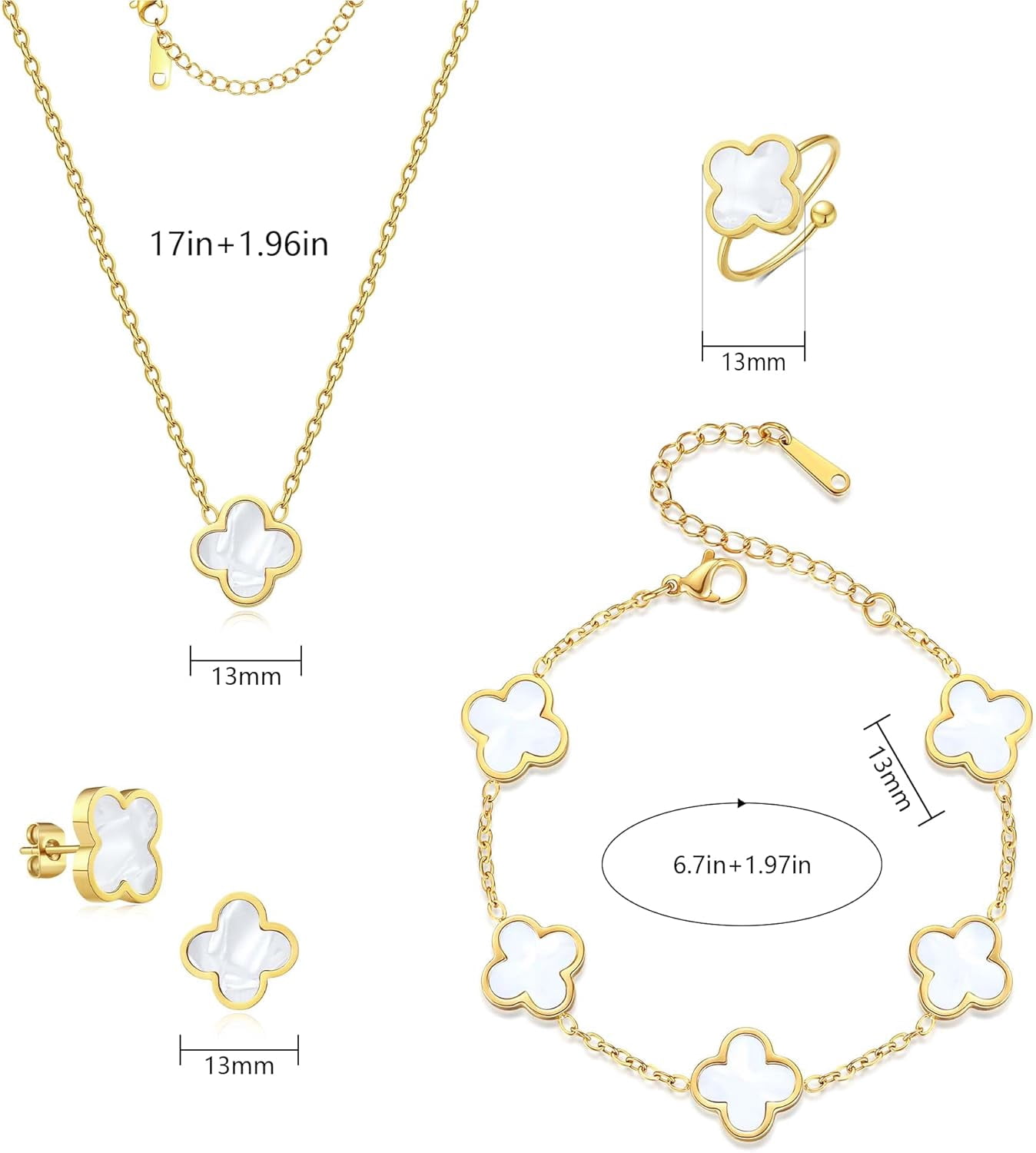 18K Gold Plated Clover Bracelet Set for Women White/Black/Gold/Silver/Green/Pink Adjustable Link Double-Sided Lucky Bracelets Trendy Bracelets Set Jewelry Gifts for Women Men