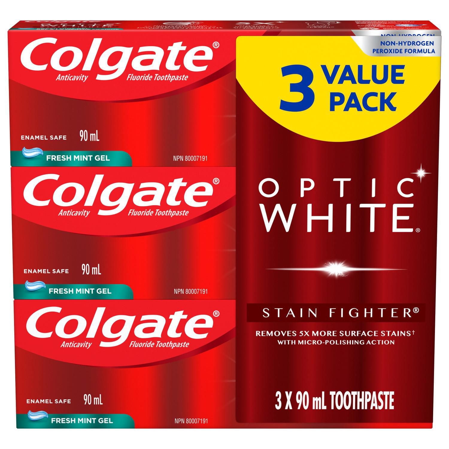 Colgate Optic White Stain Fighter Stain Removal Toothpaste, Fresh Mint Gel, 90 mL, 3 Pack, 90 mL, 3 Pack