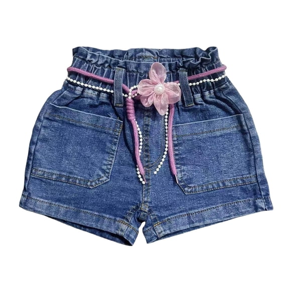 Girls Denim Shorts Blue with Flower & Pearl Belt Elastic Waist Ruffle Hem Kids to Kids 2T-8,Size 3-4T