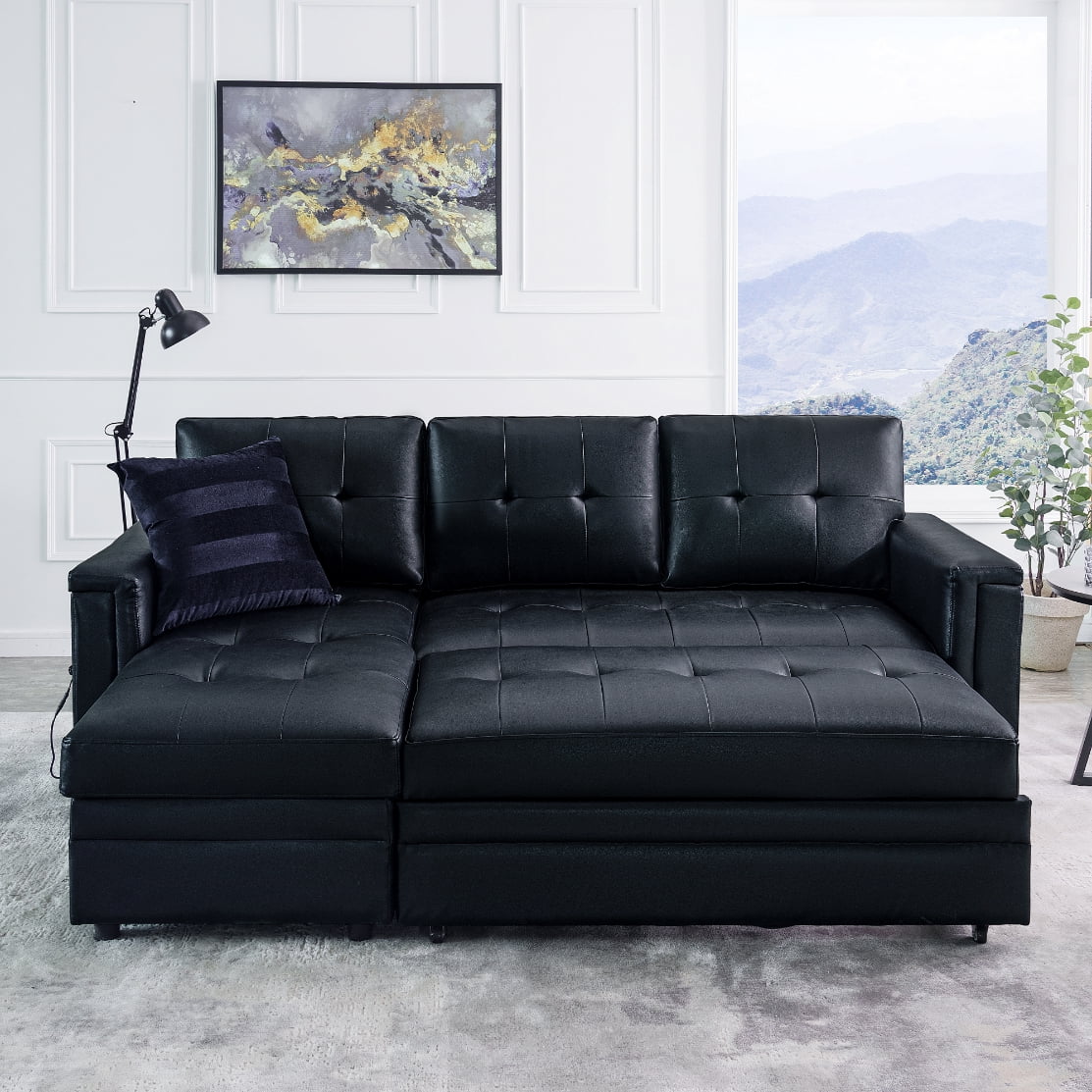 Naomi Home Lily Sectional Sleeper Sofa with USB ports-L-Shaped Couch Convertible faux leather sectional Pull-Out Bed, Ample Storage, Long-Lasting for Modern Living, Black, Air Leather