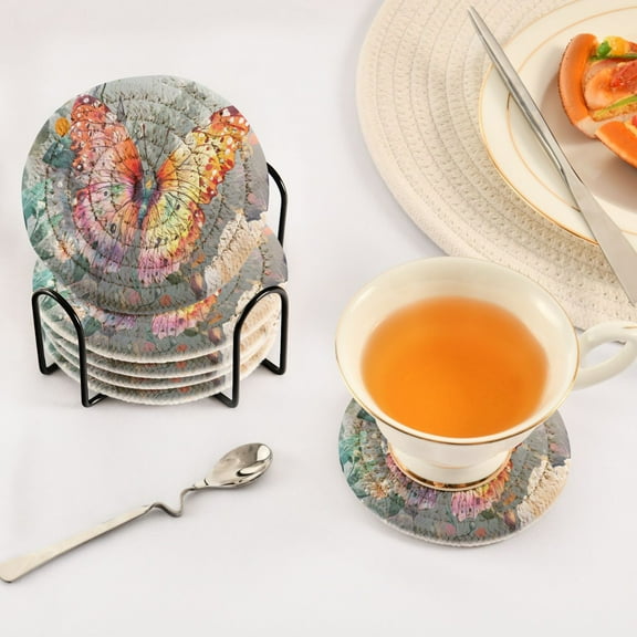 BZSMCE 6Pcs Drink Coasters With Holder 3.94Inch Colorful Butterfly and Flowers Creative Coil Coaster Coasters Colors Absorbent Coasters for Drinks Coasters Set Thicken Heat for Home Table