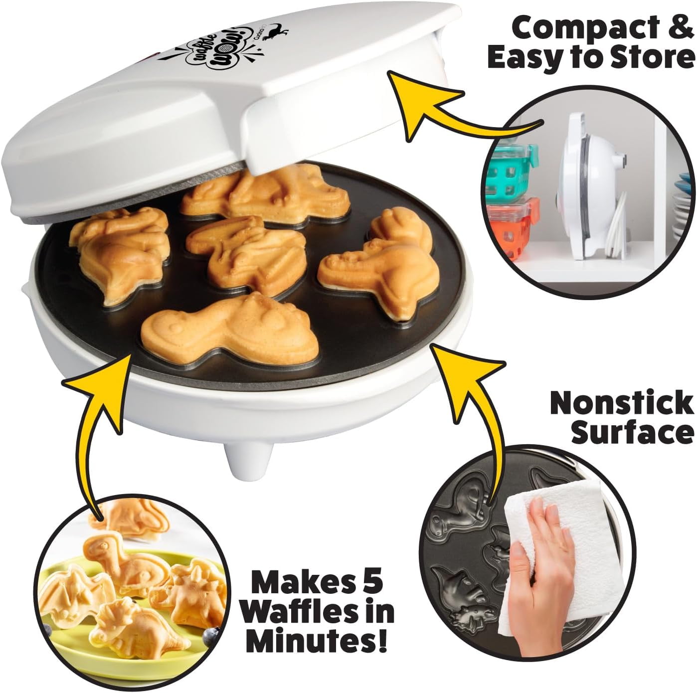 Waffle Wow Dinosaur Mini Waffle Maker- 5 Different 3D Shaped Dinos in Minutes- Breakfast for Kids, Adults w Cool Novelty Pancakes, Electric NonStick Waffler Iron