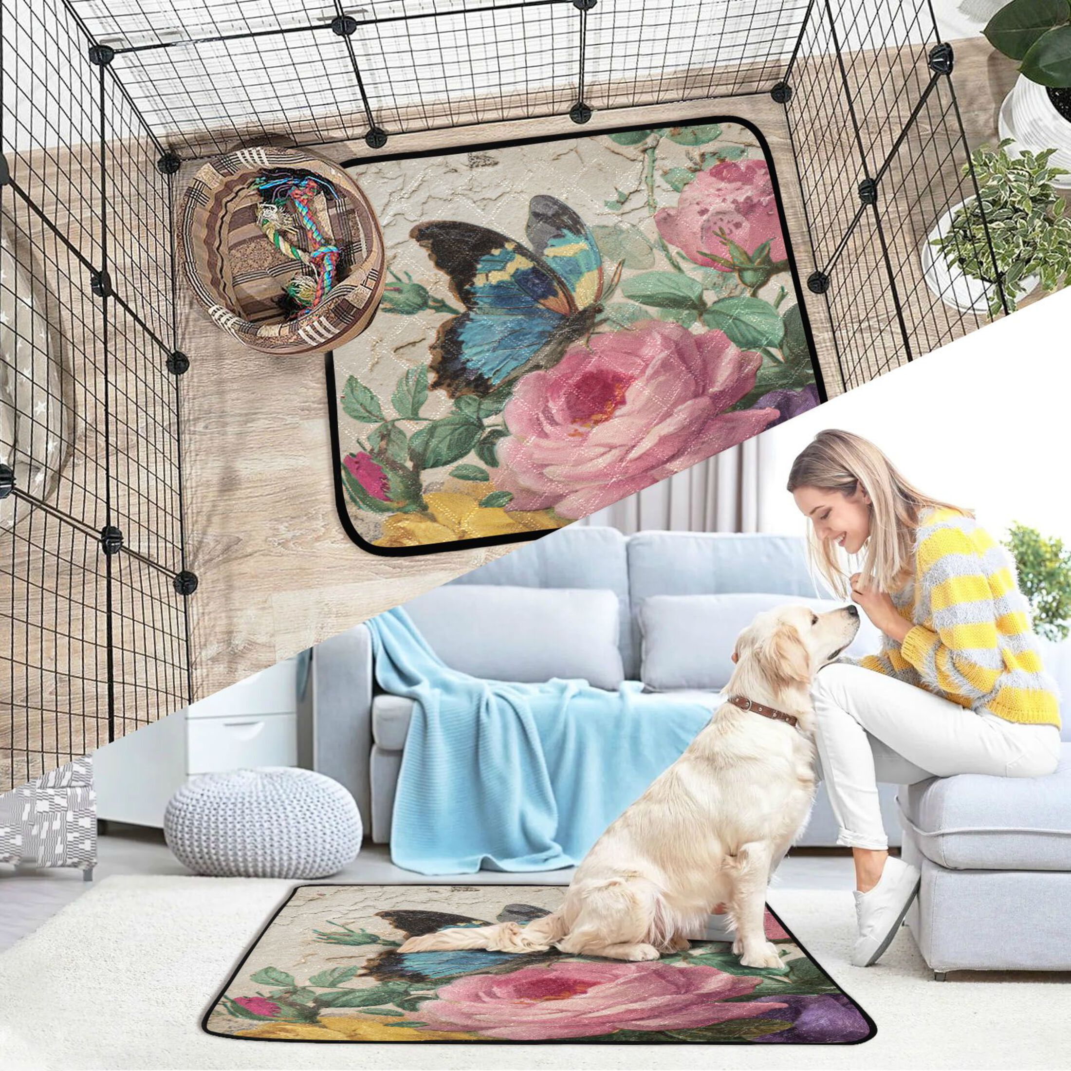 Qxltty Vintage Butterfly Cat litter Pads Pet Set of 3 Diaper Mats Center Anti-leakage Layer Absorbent Soft and Comfortable