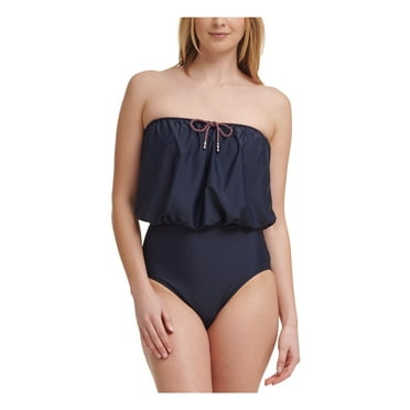 TOMMY HILFIGER Women's Navy Stretch Blouson Lined Removable Cups Moderate Coverage Tie One Piece Swimsuit 4