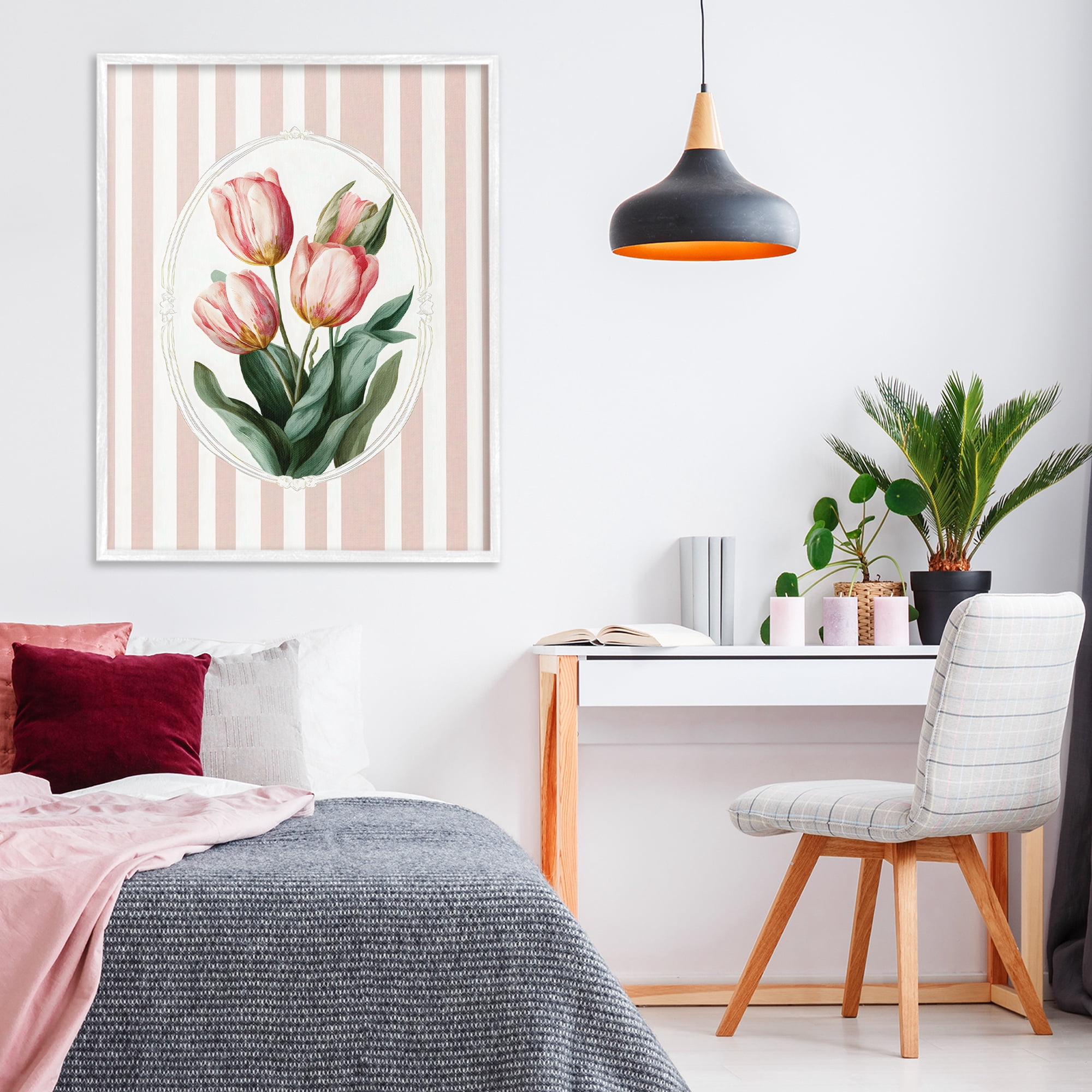 Stupell Industries Vintage Tulips on Stripes White Framed Giclee Art, design by Ink Drop Loft