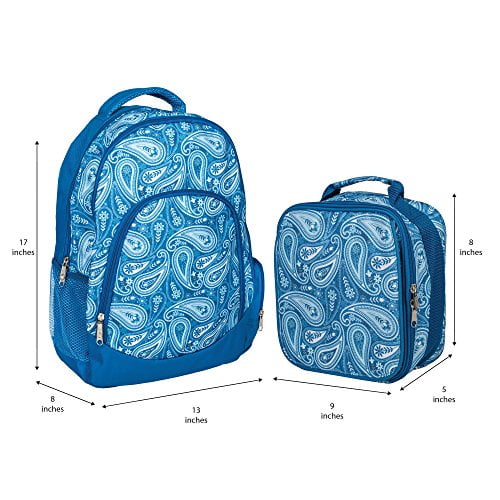 Class Collections Reinforced and Water Resistant Padded Laptop School Backpack and Insulated Soft Cooler Lunch Bag Set, Blue Paisley