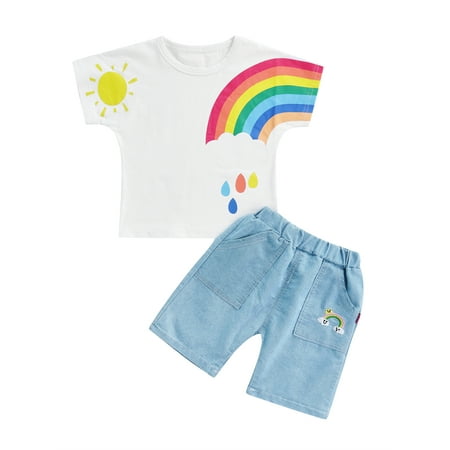 

Suanret Toddlers Kids Boys Shorts Set Rainbow Print Short Sleeve T-shirt with Denim Shorts Summer Streetwear Outfit White 4-5 Years