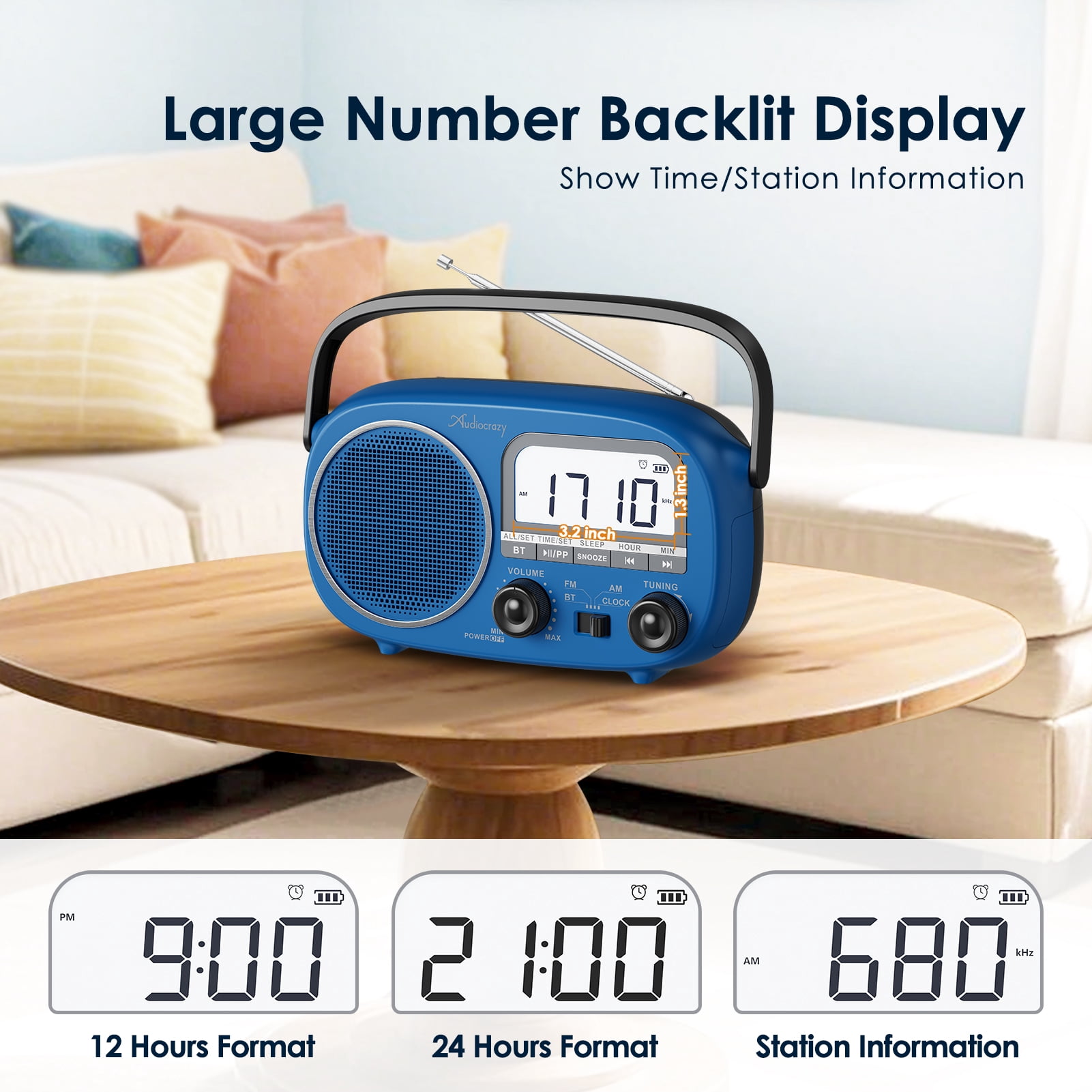 Portable AM FM Rechargeable Radio with Best Reception, Digital Time/Station Display,AC Power or Battery Power Radio with Bluetooth Speaker for Home/Kitchen/Outdoor Blue