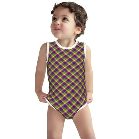 

Vsdgher Mardi Gras Plaid Print Baby Unisex Baby Cotton Sleeveless Bodysuits Soft and velvety comfortable and breathable