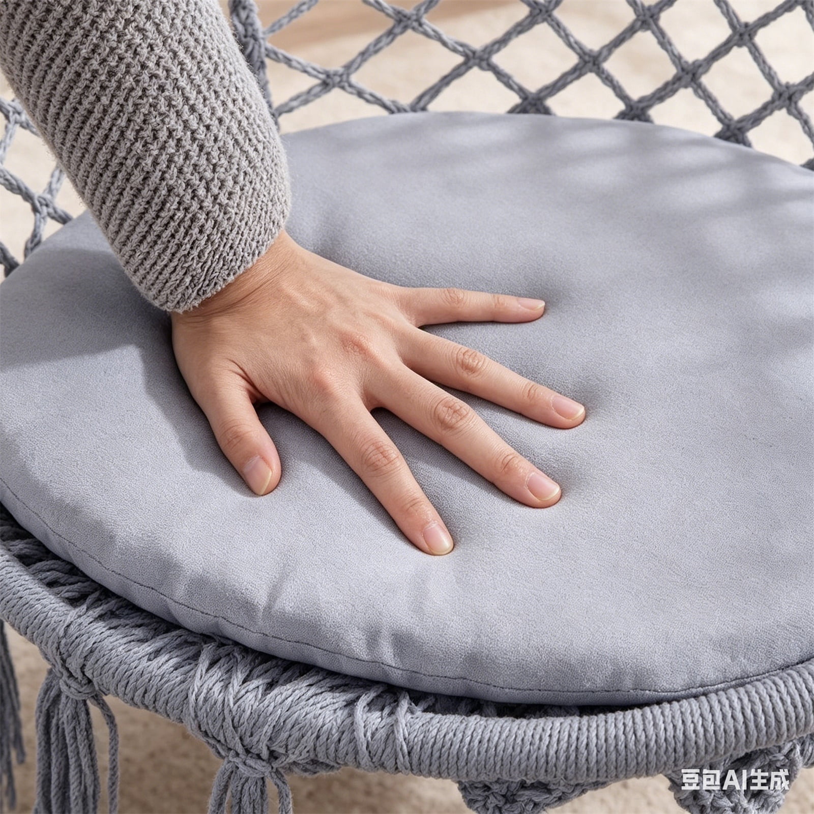 Hommoo Macrame Swing Chair Hammock Chair with Round Cushion Seat, Handmade Knitted Relax Hanging Cotton Rope Chair for Home, Gray