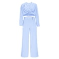 thumbnail image 2 of XPMWRP Women's Two Piece Outfits Solid Color Long Sleeve Warp V Neck Blouse Wide Leg Dress Pants Business Casual Suits with Pockets Blue M, 2 of 9