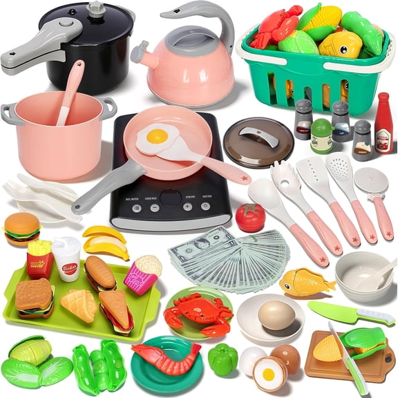 Oiduwi Kids Play Kitchen Accessories Toy Set, Pretend Cooking Food Playset with Induction Toy Stove, Pot, Pan, Utensils, Cutting Fruit, Learning Gifts for Toddler Girl Boy