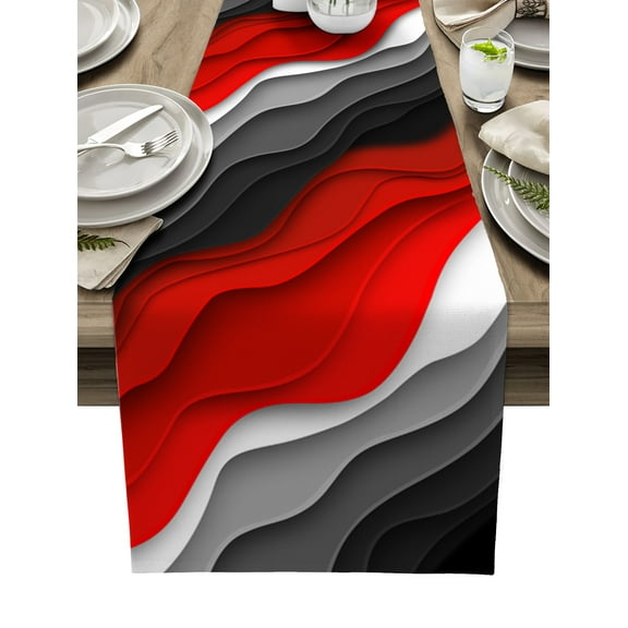 Table Runner Dresser Scarves 90 Inch Long, Modern Abstract Geometric Linen Dining Table Runners Red and Grey Gradient Ripple Tabletop Scarf for Wedding Holiday Party Kitchen