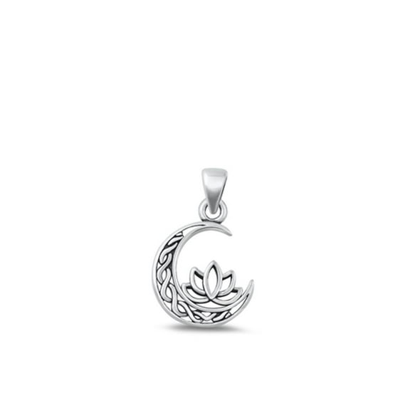 Sterling Silver Oxidized Crescent Moon & Lotus Charm Flower Pendant .925 New Jewelry Female Unisex