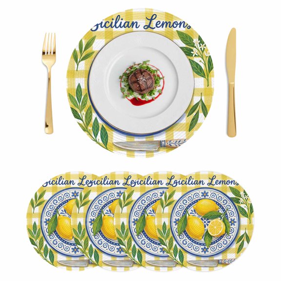 Lemon Floral Summer Round 15 Inch Placemats Set of 4, Yellow Plaid Leaves Flower HeatResistant Non Slip Place Mats for Dining Table, Wipeable Braided Kitchen Table Mats for Housewarming