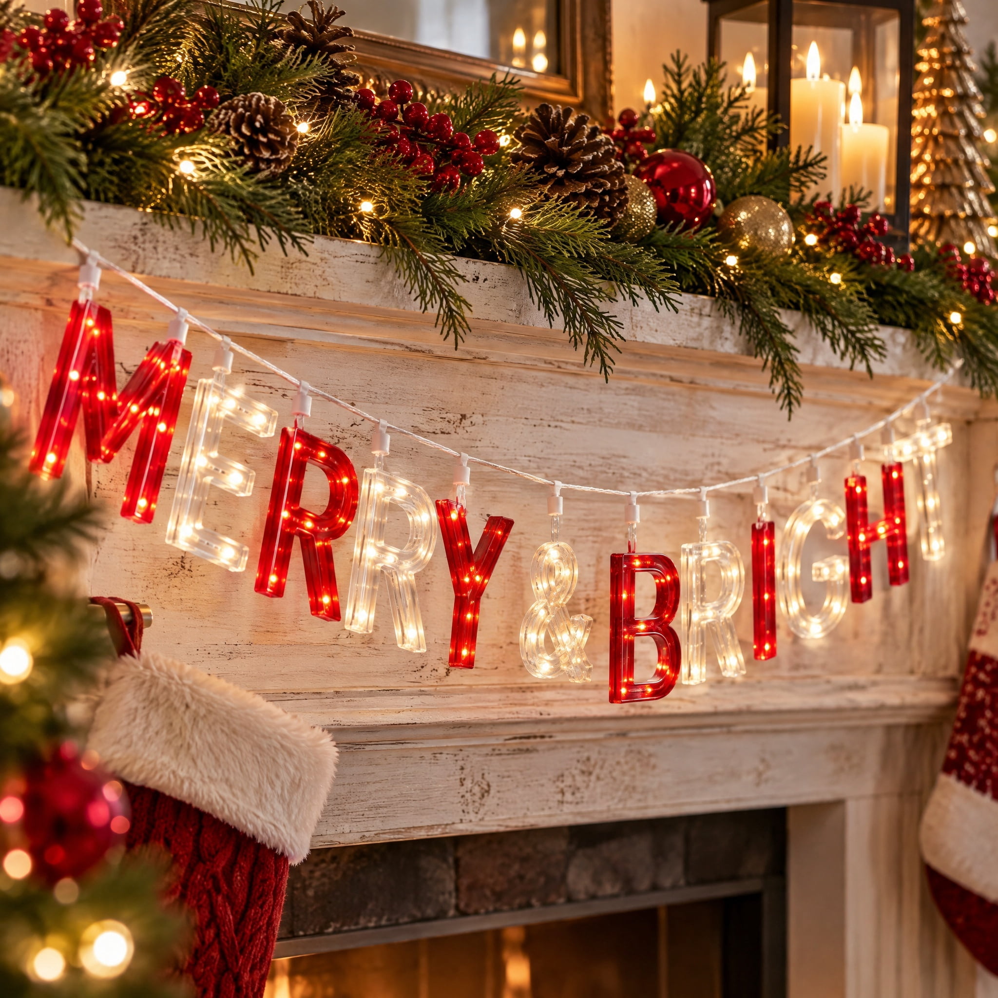 Indoor/Outdoor Light-Up Merry and Bright Christmas Banner with 104 LED Lights, Red and Warm White, 9', by Holiday Time