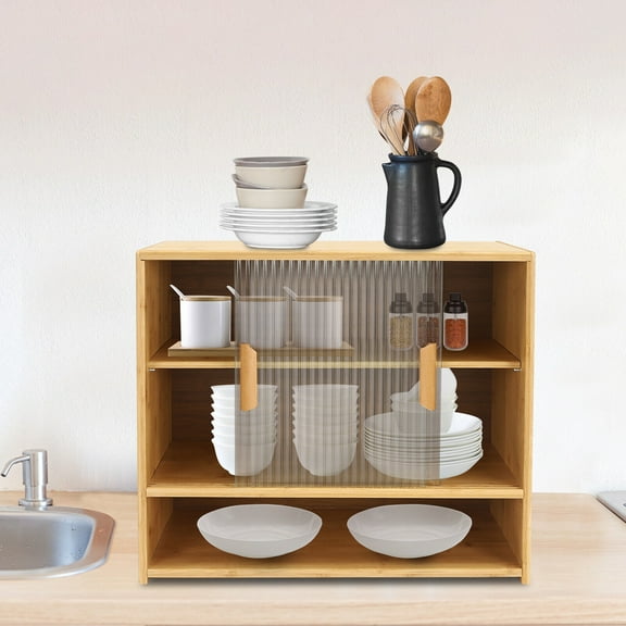 3-Tier Log Color Bamboo Kitchen Pantry Cabinet with Glass Door Sideboard Storage Organizer for Bathroom, Living Room