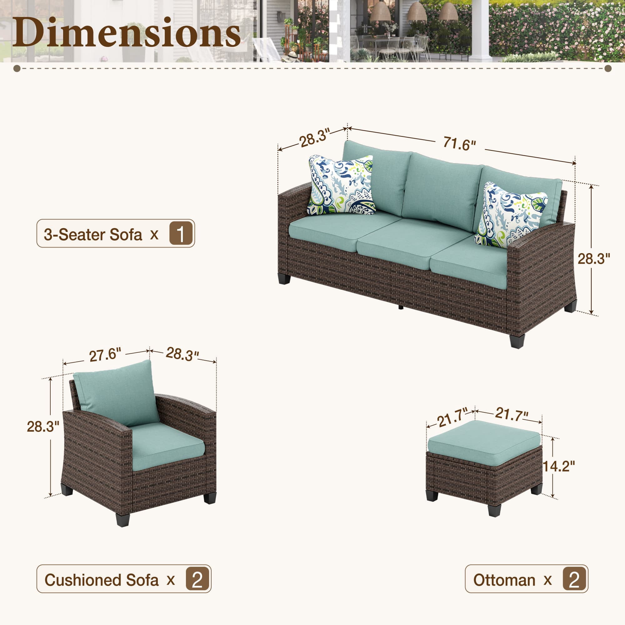 MF Studio 7-Seat Outdoor Patio Conversation Set Wicker Furniture Sofa Set Blue