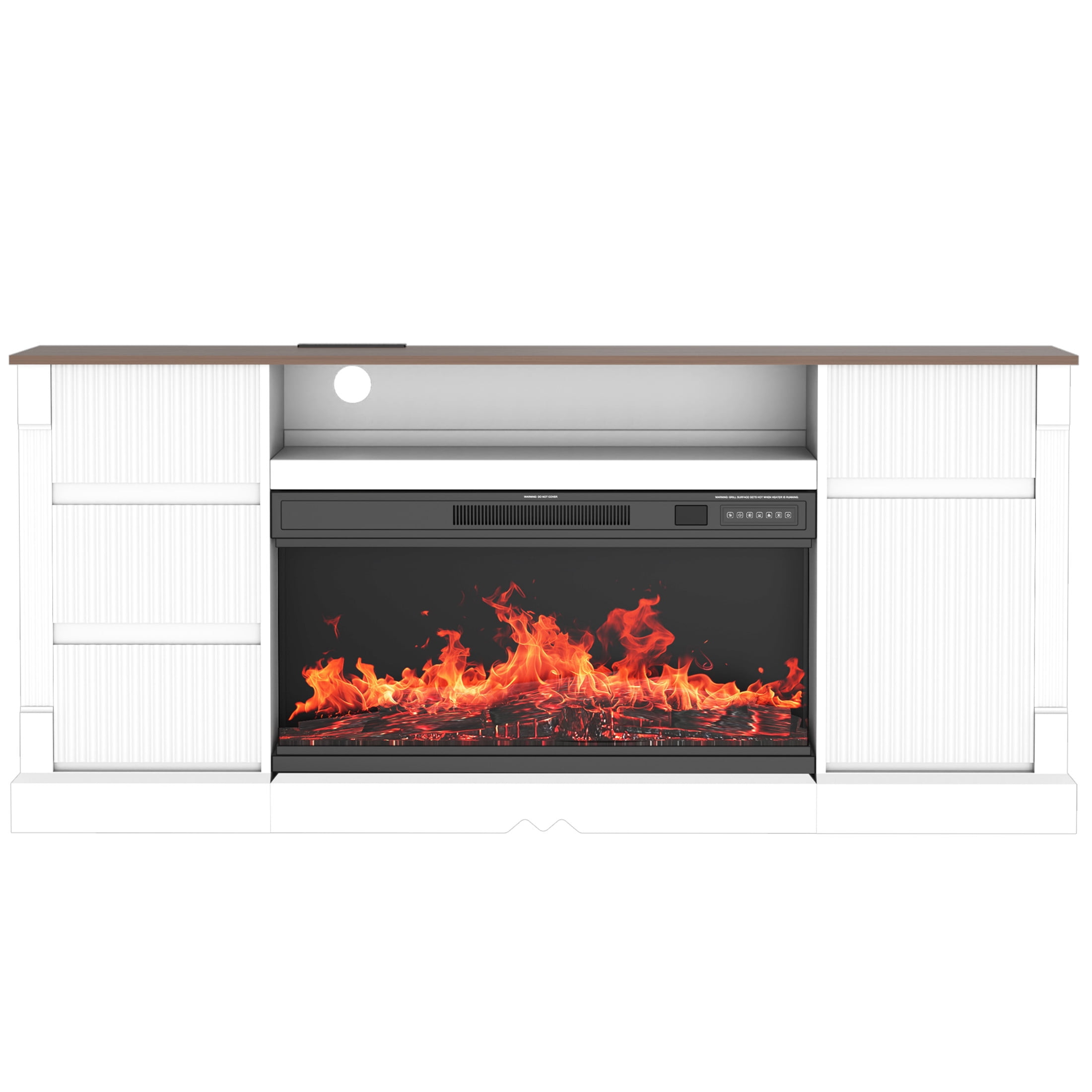 Noble House Modern 70" Glass TV Stand with 3-Sided Electric Fireplace, LED Lights and Storage, TVs up to 80", White