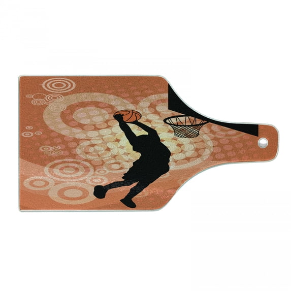 Basketball Cutting Board, Basketball Player Silhouette Athlete Competition Championship Promotion, Tempered Glass Cutting and Serving Board, Wine Bottle Shape, Pale Orange Black, by Ambesonne