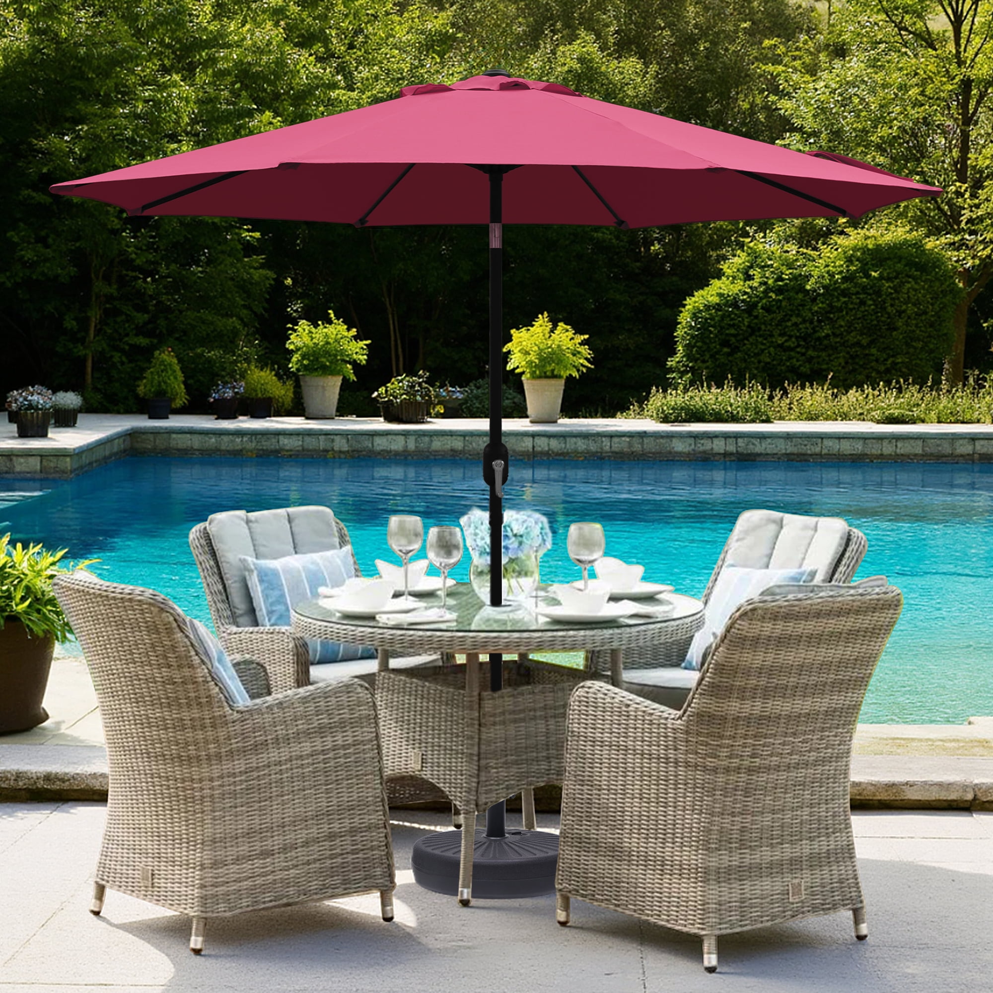 Abble Outdoor 9ft Patio Umbrella with Crank Handle and Push Button Tilt, Outdoor Market Umbrella with 8 Ribs for Garden, Deck, Backyard, Pool, Burgundy