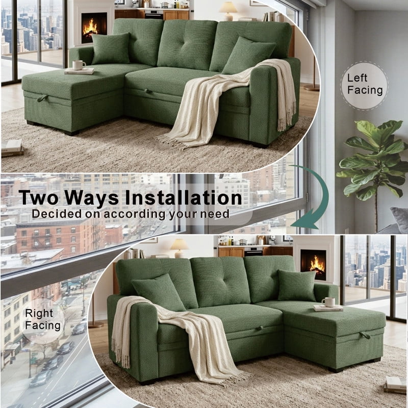 Convertible Sleeper Sectional Sofa with Pull-Out Bed & Reversible Chaise, Loveseat Couch with Hidden Storage for Small Spaces