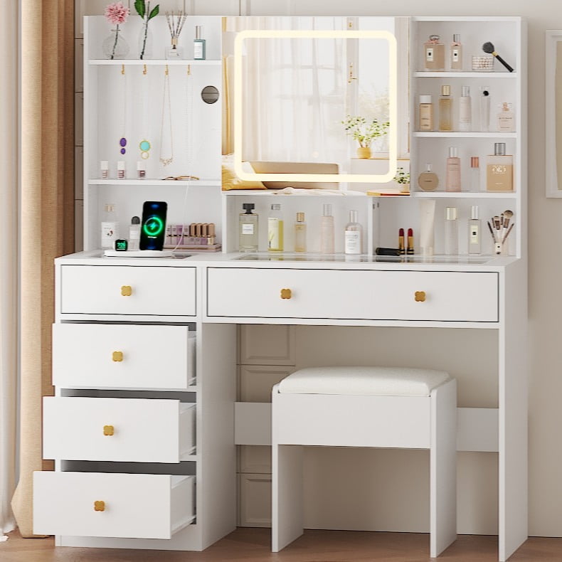 Ktaxon Large 47.2" Makeup Vanity with 3 Color Lights, Vanity Desk with USB Charging Station, Vanity Makeup Table with Visible Drawers, Hidden and Open Storage Shelves, White