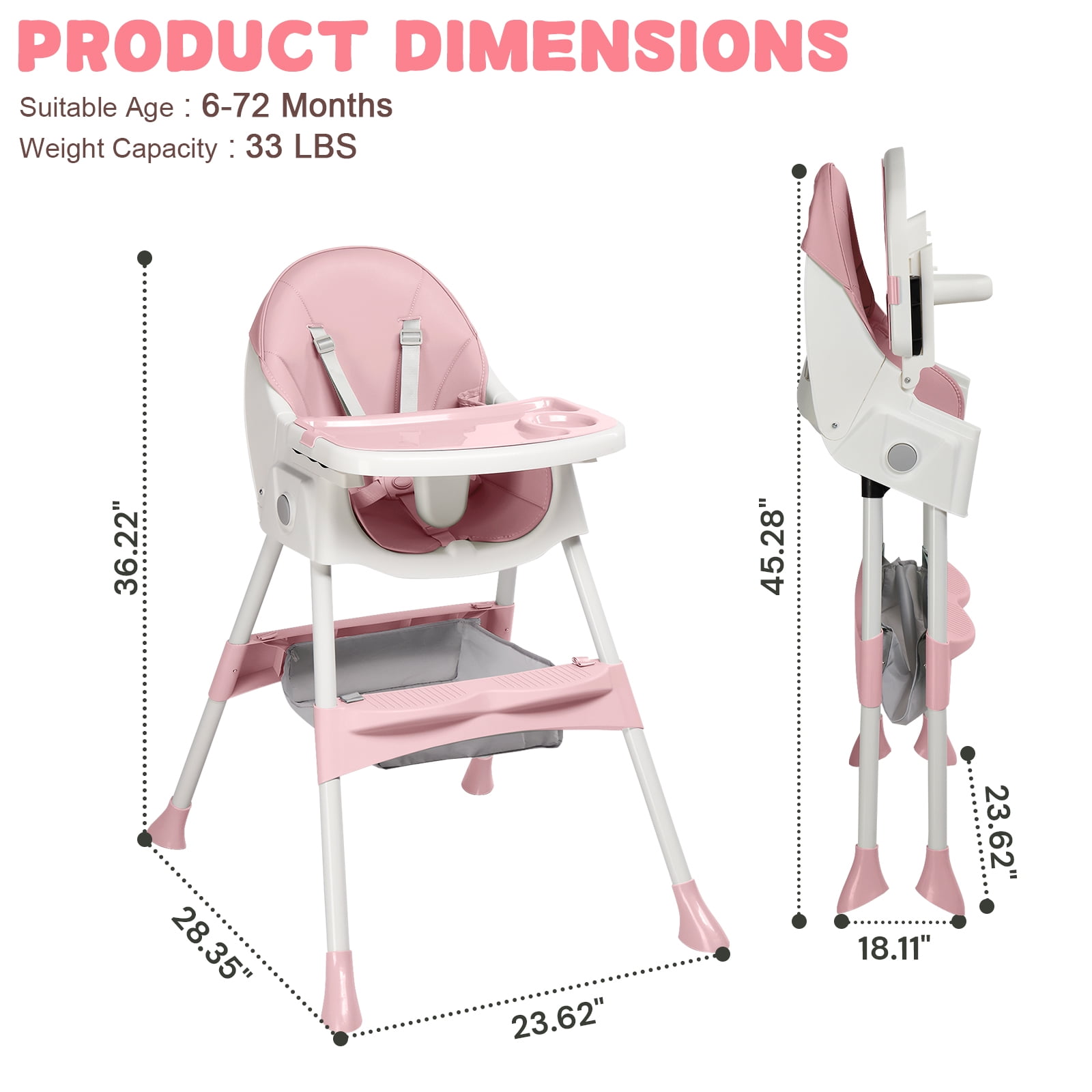 Ktaxon Baby High Chair, Convertible 6 in 1 High Chairs for Babies and Toddlers, Foldable Baby Highchair with 5-Point Safety Harness, Adjustable Dining Tray, Backrest & Height, Pink