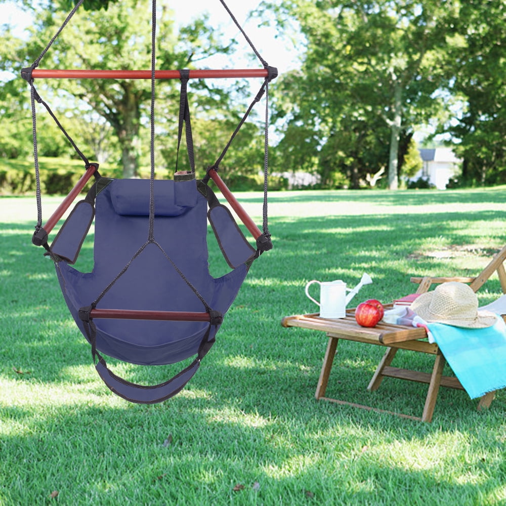Sunnydaze Deluxe Hanging Hammock Chair Swing with Pillow and Drink Holder Blue 