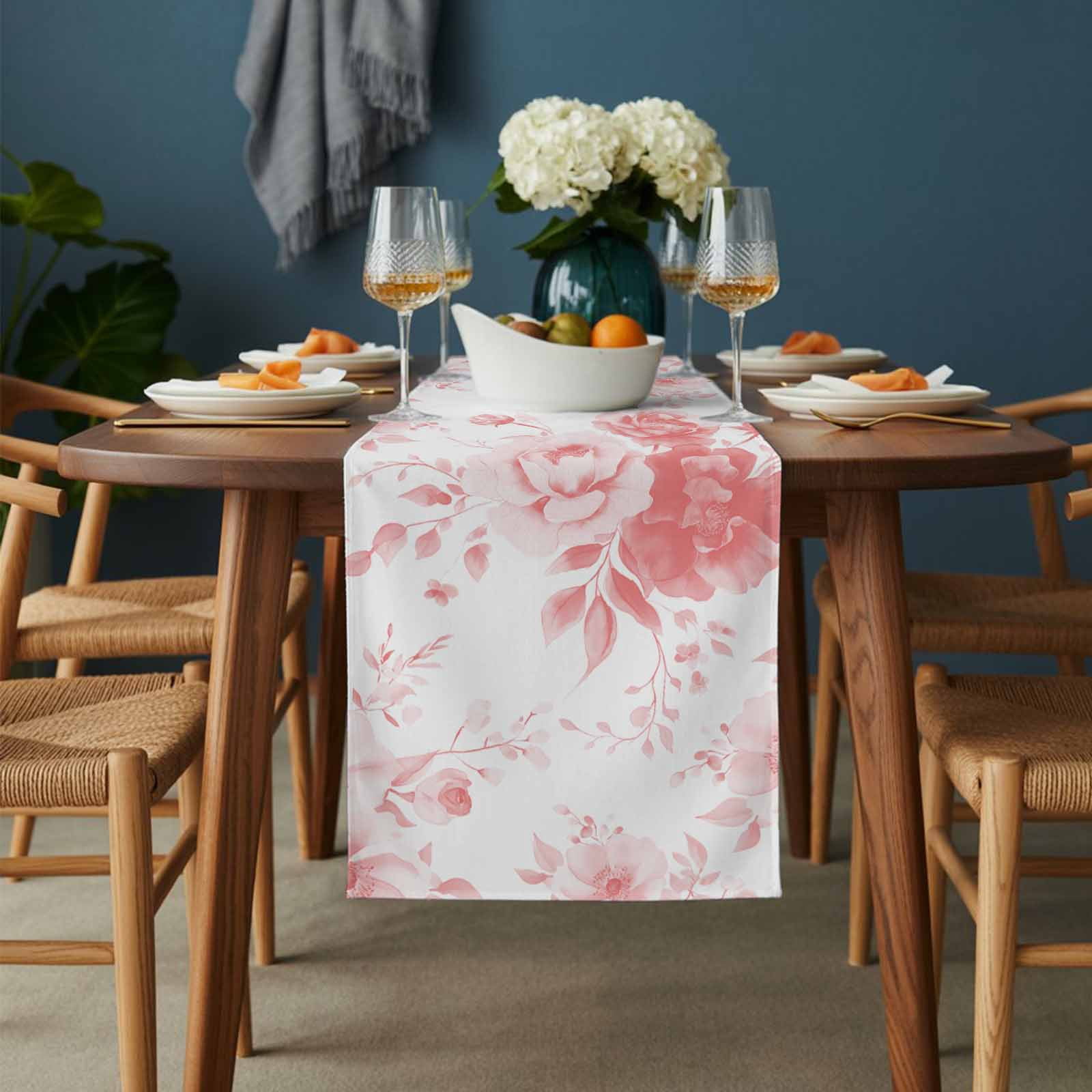 Spring Floral Cotton Linen Table Runner Classic Pink Gradient Flowers Dining Table Runners for Home Decor Party Dining Room Restaurant Kitchen 13" x 120"