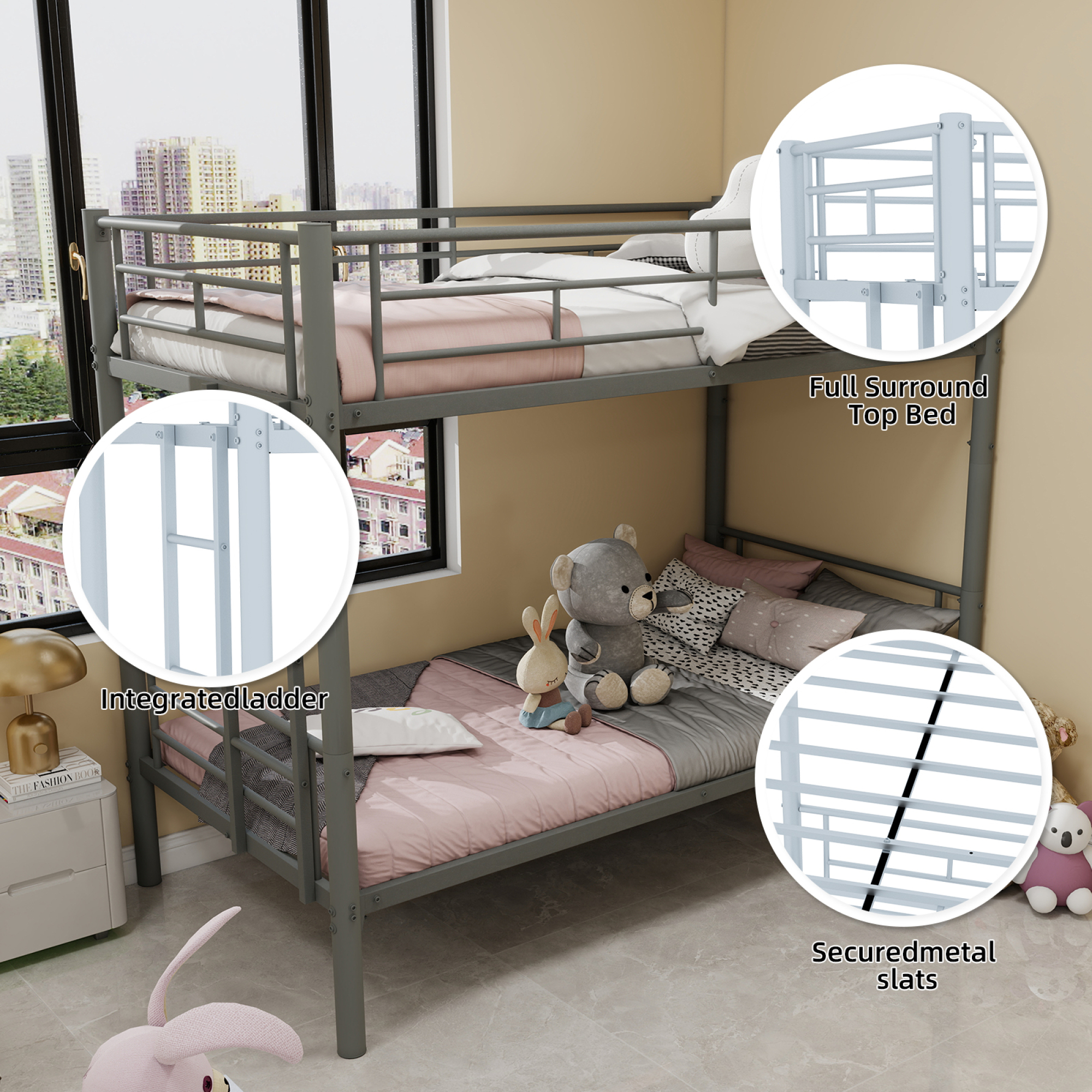 Leumius Twin Over Twin Bunk Bed for Kids Boys Girls, Metal Bunk Bed with Ladders & Guardrail,Convertible 2 Beds,Silver