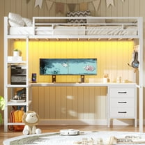 AMUZER Twin Metal Loft Bed with L-Shaped Desk, LED Lights,Charging Station LED Loft Bed Frame Twin Size with Storage Shelves and Fabric Drawers, Safety Guard & Ladder, No Box Spring Needed, White