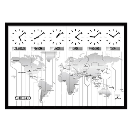 Seiko 24 World's View Wall Map with 6 Time Zone Clock, Traditional, Analog Quartz QXA 538 KLH
