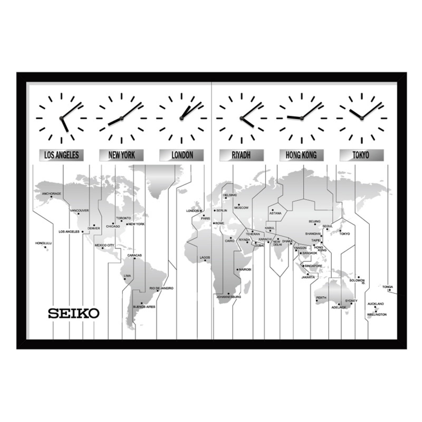 Seiko 24 World's View Wall Map with 6 Time Zone Clock, Traditional, Analog Quartz QXA538KLH