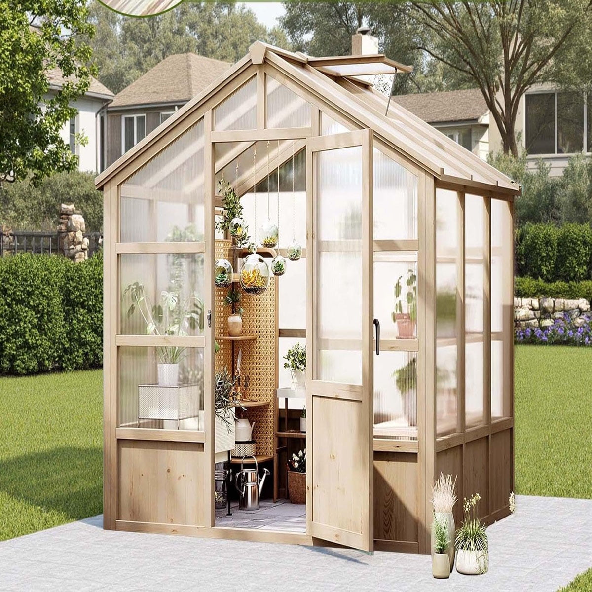 Outdoor Greenhouse, 8x6FT Heavy Duty Wooden Greenhouse with Polycarbonate Panels & Lockable Door - Sturdy Wood Frame Garden Green House with Adjustable Roof Vent, for Yard, Gardening（ship in 3 boxes）