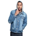 thumbnail image 7 of Victorious Men's Detachable Hood Layered Look Distressed Denim Jacket DK135 - Indigo - Small, 7 of 7