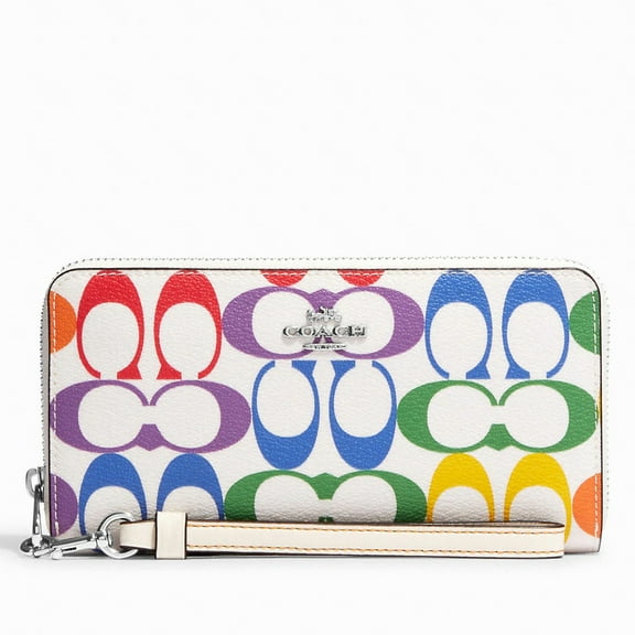 Coach Women's Long Zip Around Leather Wallet In Rainbow Signature Canvas (Chalk Multi)