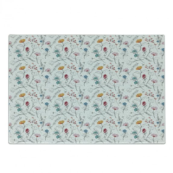 Botanical Cutting Board, Carnation Lily Summer Blooming Garden Petals Branches Anemone Pattern, Decorative Tempered Glass Cutting and Serving Board, in 3 Sizes, by Ambesonne