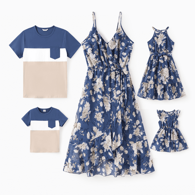 PatPat Ensemble Assorti pour la Famille T-Shirt en Coton à Blocs de Couleur Haut à Manches Courtes Ou Robe à Bretelles à Imprimé Floral à Volants Superposés pour Femme / Robe Dos Nu pour Fille / Robe à Manches à Volants pour Bébé