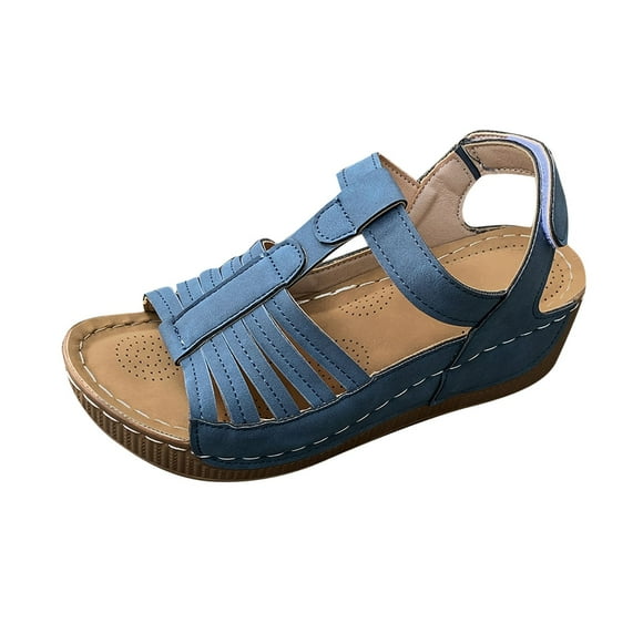 Hopeusnice Women's Wedges Shoes Non-Slip Breathable Soft Trendy PU Materials Summer Shoes Thick-Soled Platform Wedge Heel Open Toe Sandals Roman Arch Support Shoes Blue 38