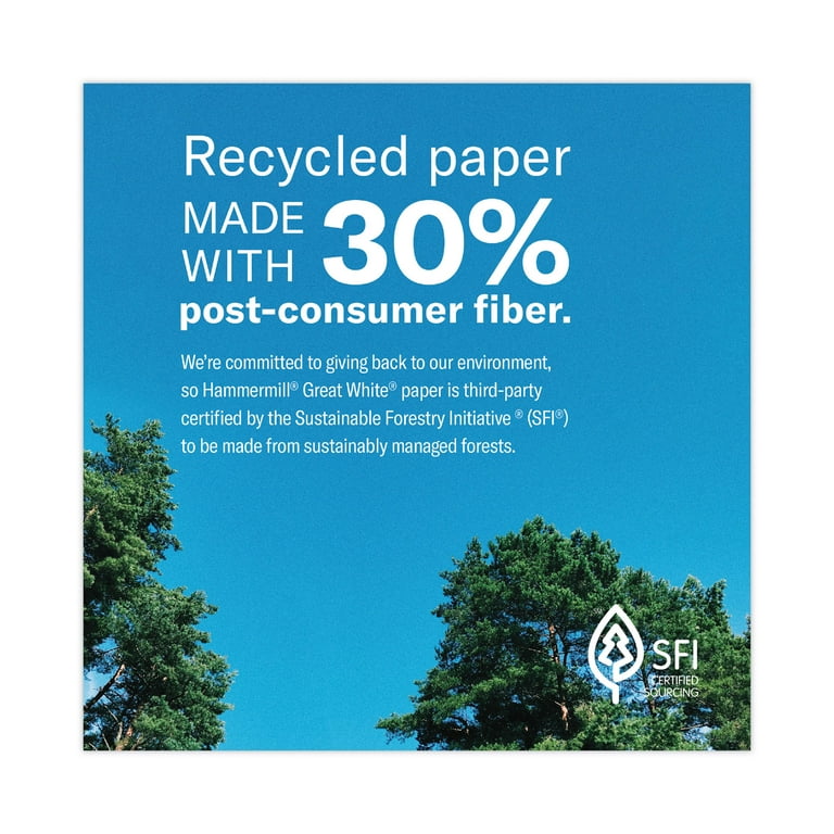 Hammermill® Great White 30 Recycled Print Paper, 92 Bright, 20lb Bond  Weight, 8.5 x 11, White, 500/Ream,10 Reams/Carton,40 Cartons/Pallet