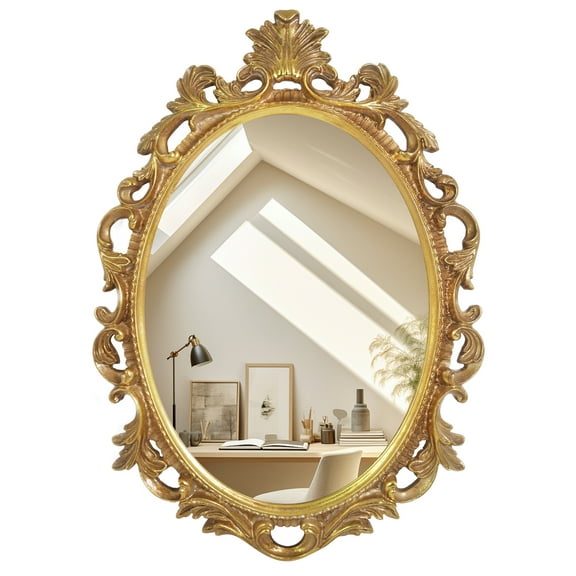 Antique Gold Mirror with Scroll Design, Oval Wall Mirror for Entryways Living Room Bedroom, 16 x 24 Inch