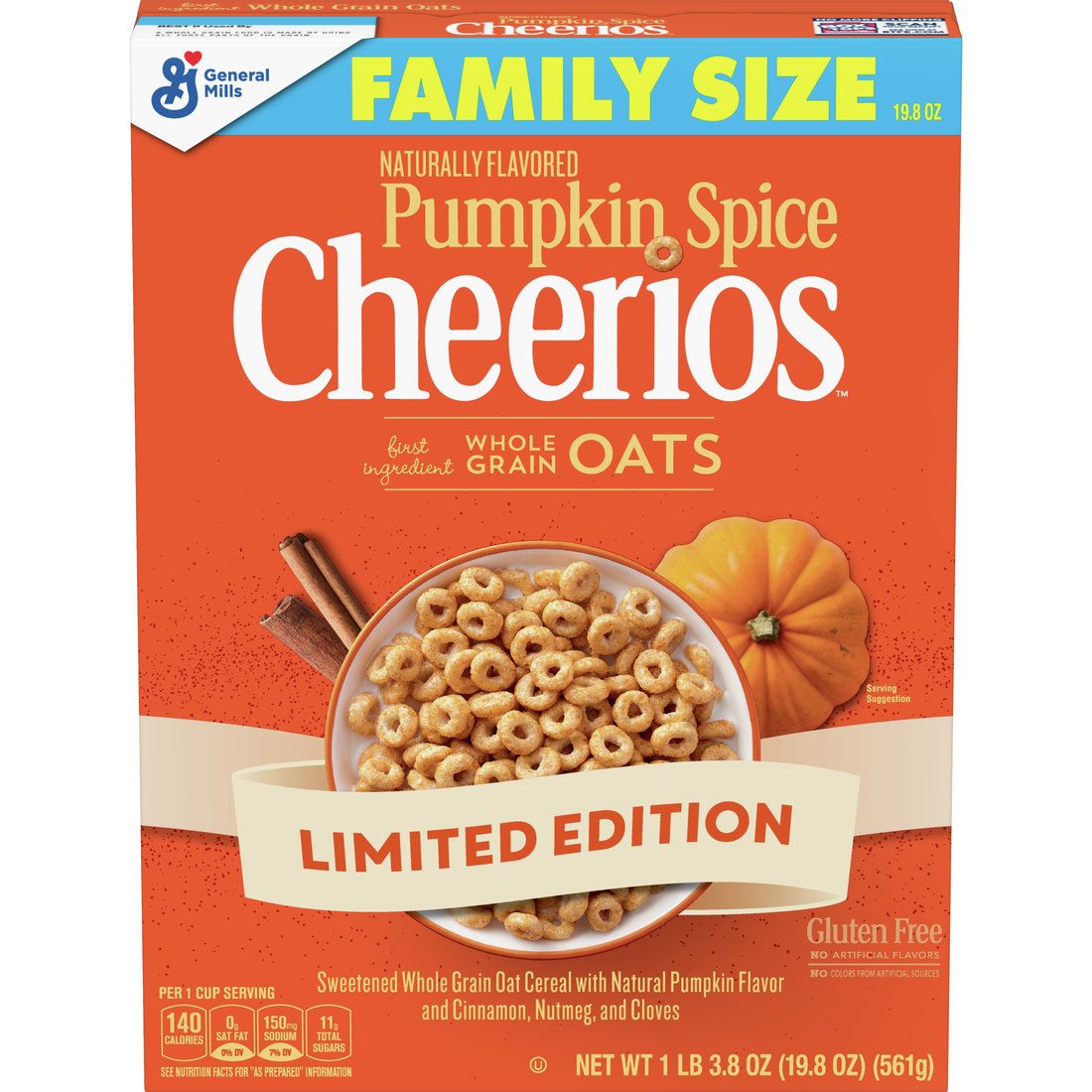General Mills, Breakfast Cereal, Pumpkin Spice Cheerios, Gluten Free, Family Size, 19.8oz Box - image 2 of 11