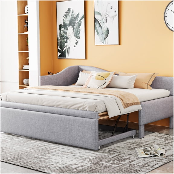 Modern L-Shaped Upholstered Daybed with Pop-Up Trundle, Converts to King Size, Gray Fabric