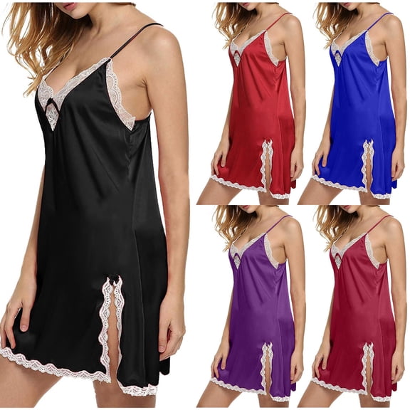 Chroia Women's Bride Lingerie Nightgown - Lace V Neck Spaghetti Strap Full Slip Sleepwear