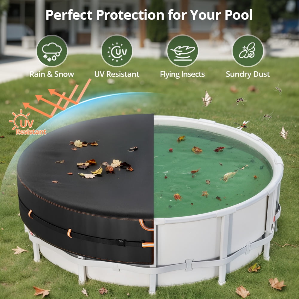 18 Ft Round Pool Cover with Reflective Strips, Swimming Pool Cover for Above Ground Pools, Solar Cover Including Rope Tie and Luminous Ground Nails, PU Tarp Snug Fit for UV Protected